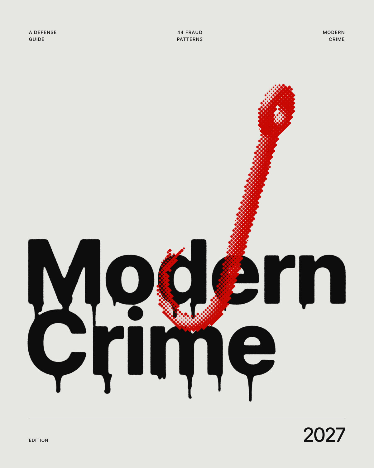 Modern Crime 2027 cover: a red halftone fishhook through the title